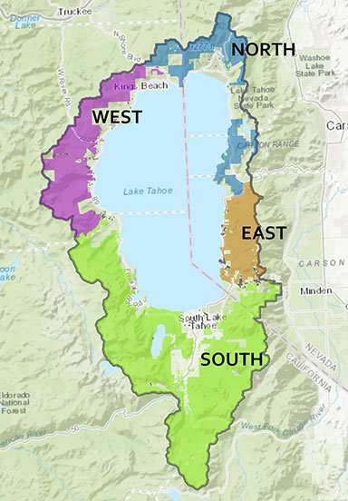 Lake Tahoe map showing designated quadrants